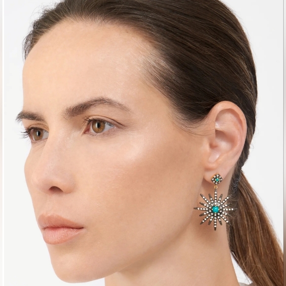 Adornia 14K Yellow Gold Plated Turquoise & Swarovski Crystal Accented Starbursts - Picture 2 of 9